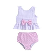 2DXuixsh 2pc Girl Bathing Suit Size 12 Summer Toddler Girls Striped Printed Bowknot Two Piece Swimwear Swimsuit Bikini 4T Girls Tops Purple 3Y